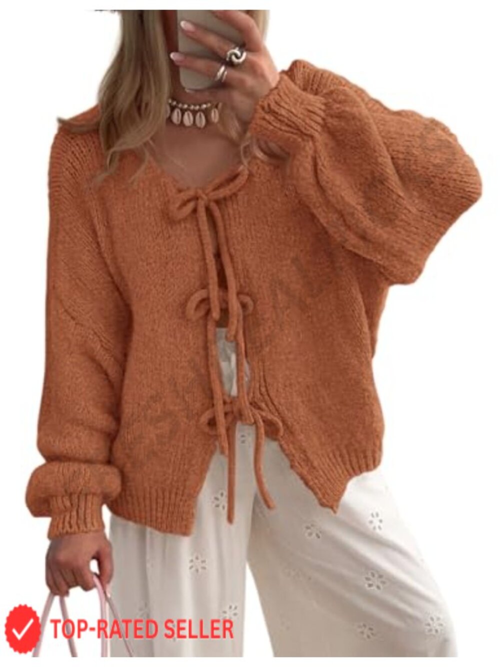 Women's Tie Front Bow Cardigan Cable Knit Puff Sleeve Sweater